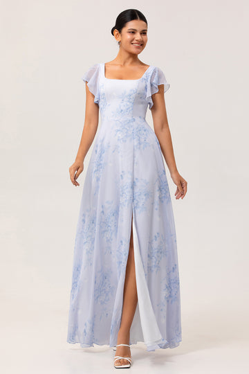 Blue Floral Square Neck A Line Long Bridesmaid Dress with Slit